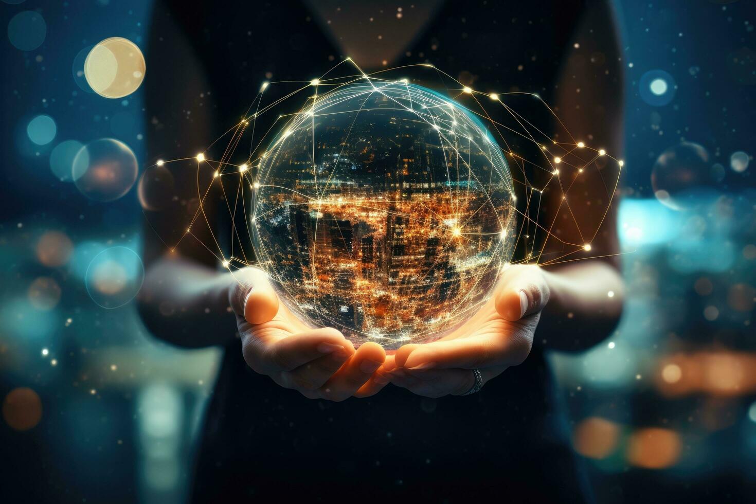 Businesswoman on blurred background holding holographic globe in her hands 3D rendering, Close up of woman hand holding global network connection concept. Mixed media, AI Generated photo