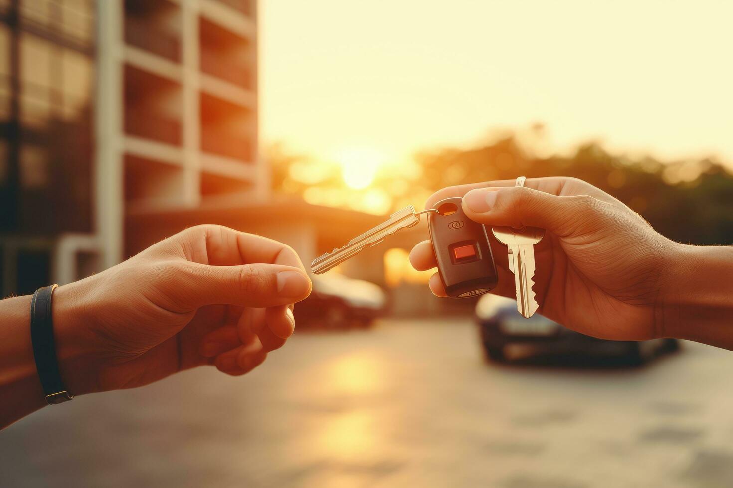 Real estate agent giving keys to customer after signing contract on blurred background, closeup of hand with car keys, buy car concept, AI Generated photo
