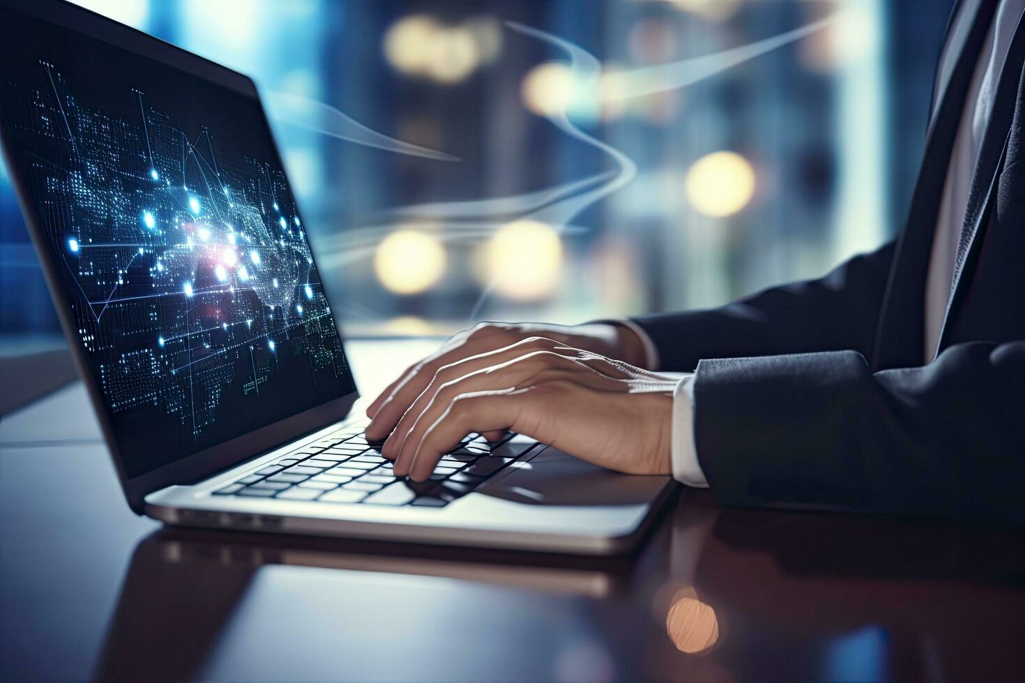 business, technology and internet concept - close up of businessman working with laptop computer in office, Close up of businessman hands typing on laptop keyboard. Network, AI Generated photo