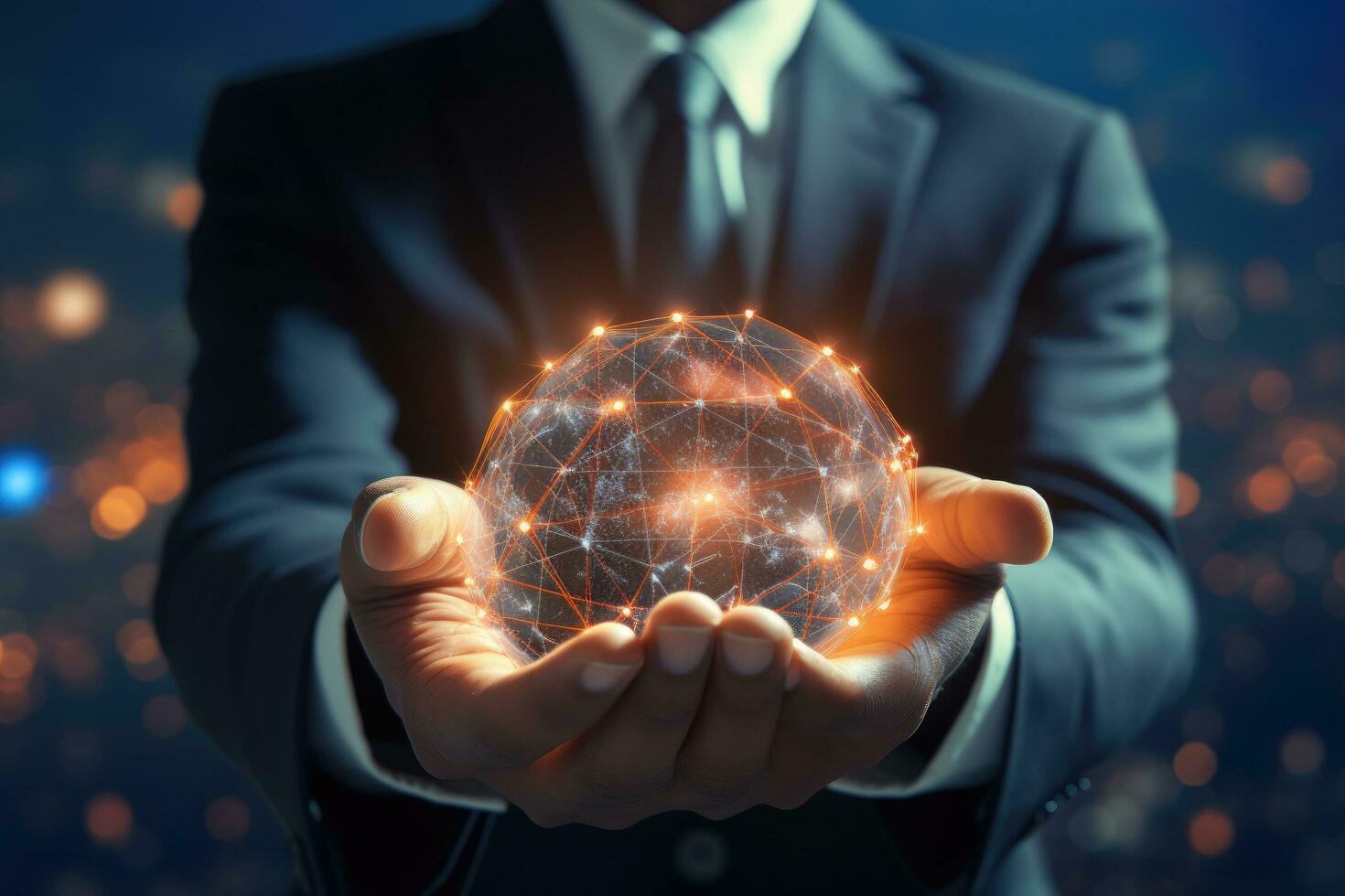 Businessman holding global network in his hands. 3D rendering, Close up of businessman hands touching global network concept. 3D rendering, AI Generated photo
