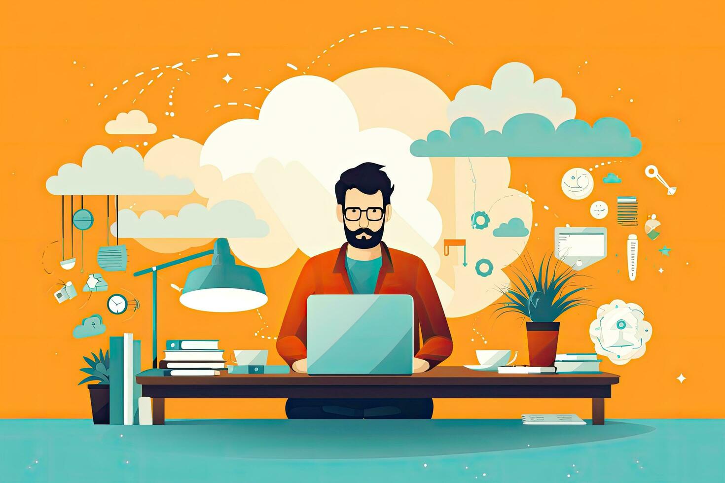 Flat design modern vector illustration concept of working at home, remote office, freelance, Casual entrepreneur desktop sitting at work, AI Generated photo