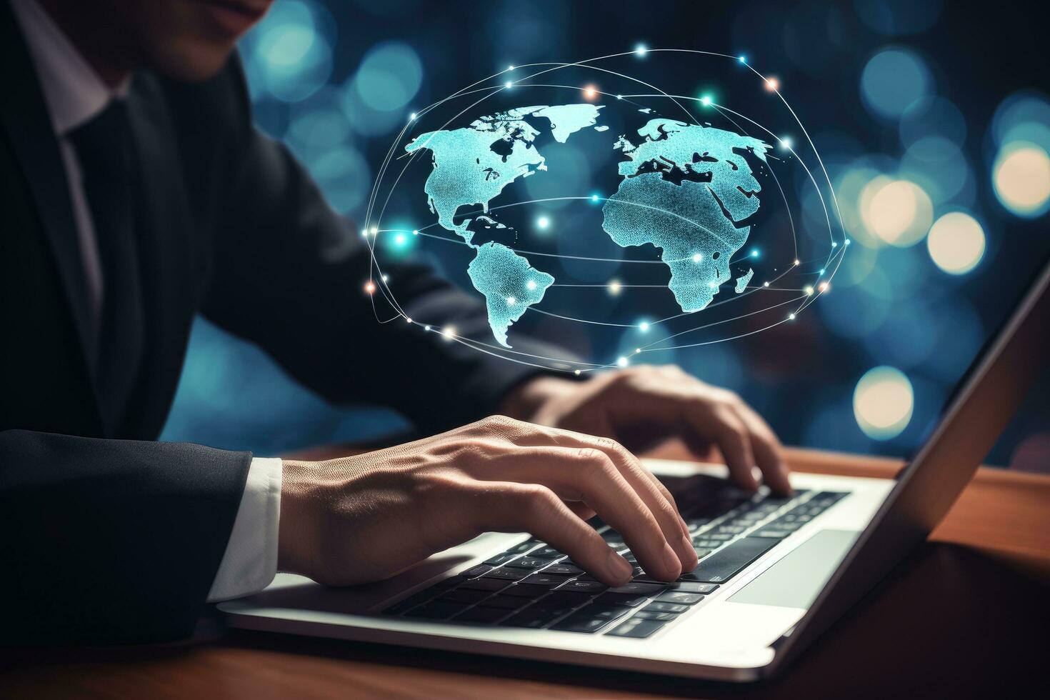 Close up of businessman hands using laptop with world map and networking concept, Close up of businessman hands typing on laptop keyboard. Network and communication concept, AI Generated photo