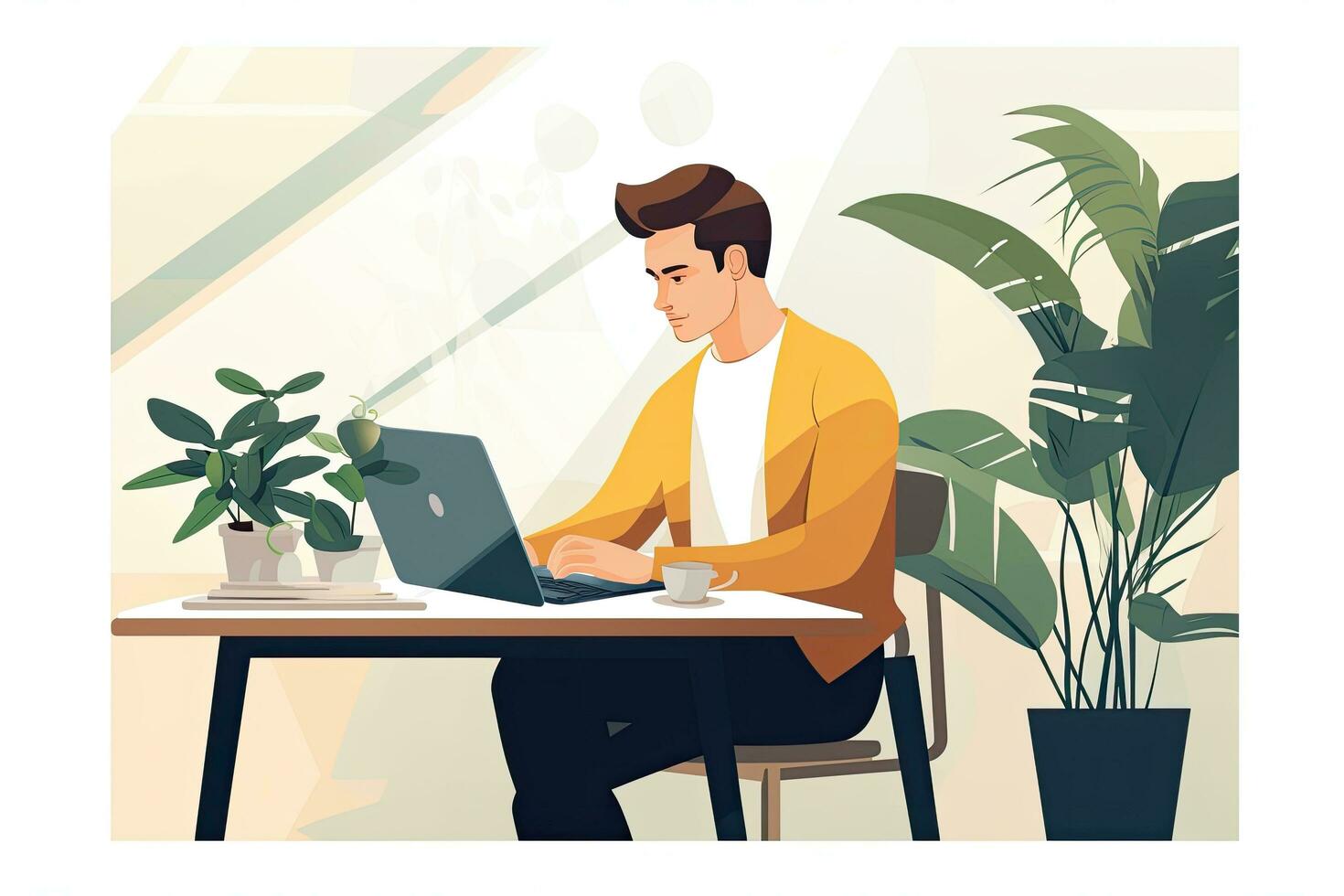 Young man working on laptop at home office. Vector illustration in flat style, Casual entrepreneur desktop sitting at work, AI Generated photo
