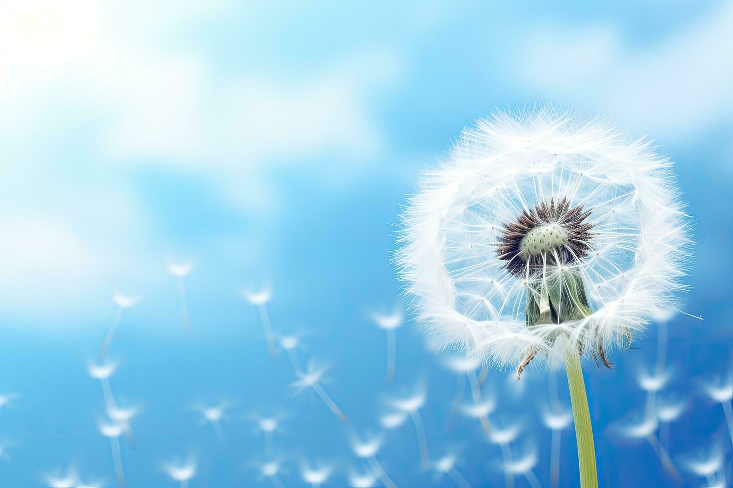 Dandelion flower on blue sky background with space for your text, close up of dandelion on the blue background, AI Generated photo