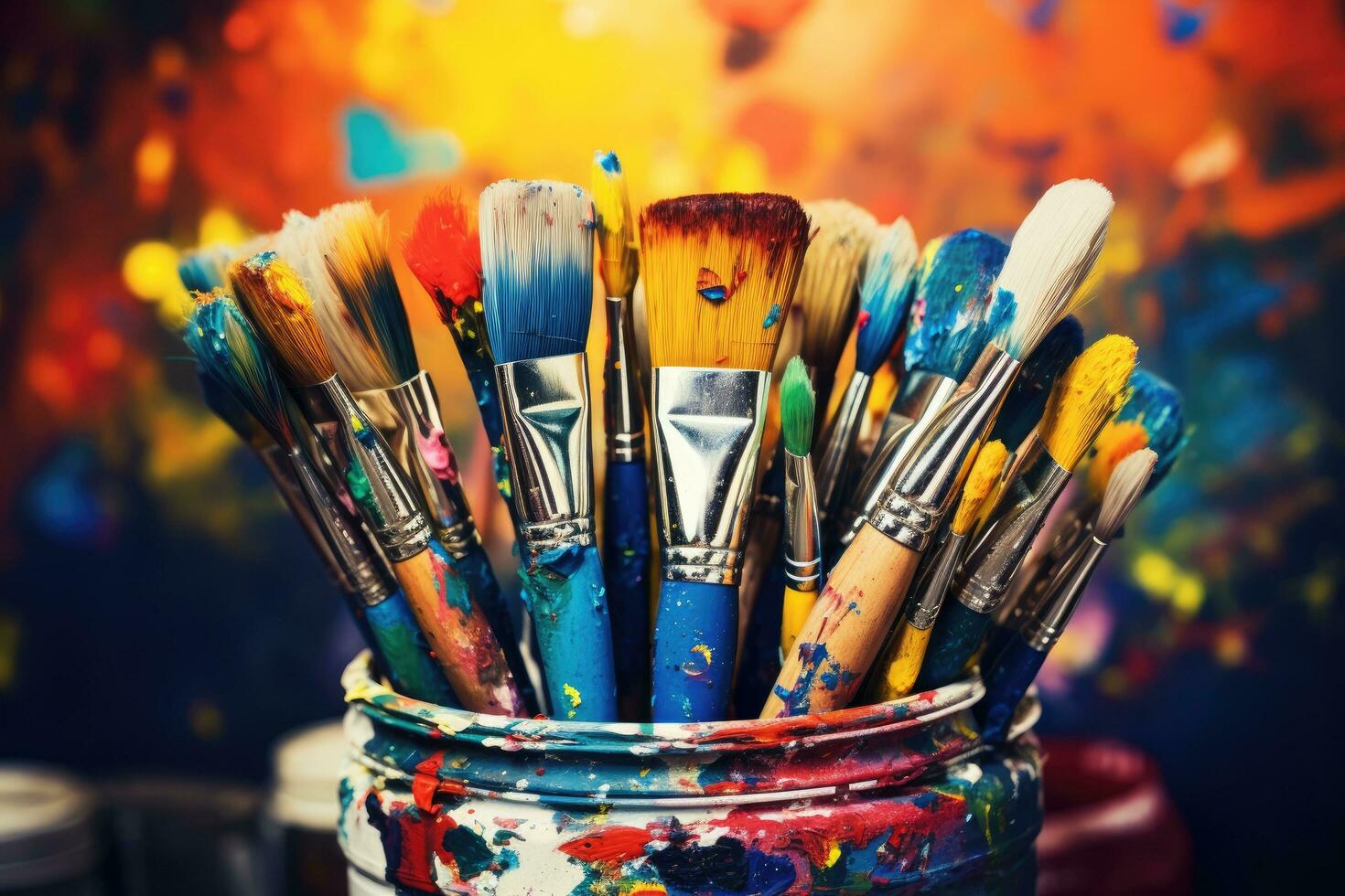 Paint brushes and paints in a jar on a colorful background, Colorful artist brushes and paint, AI Generated photo