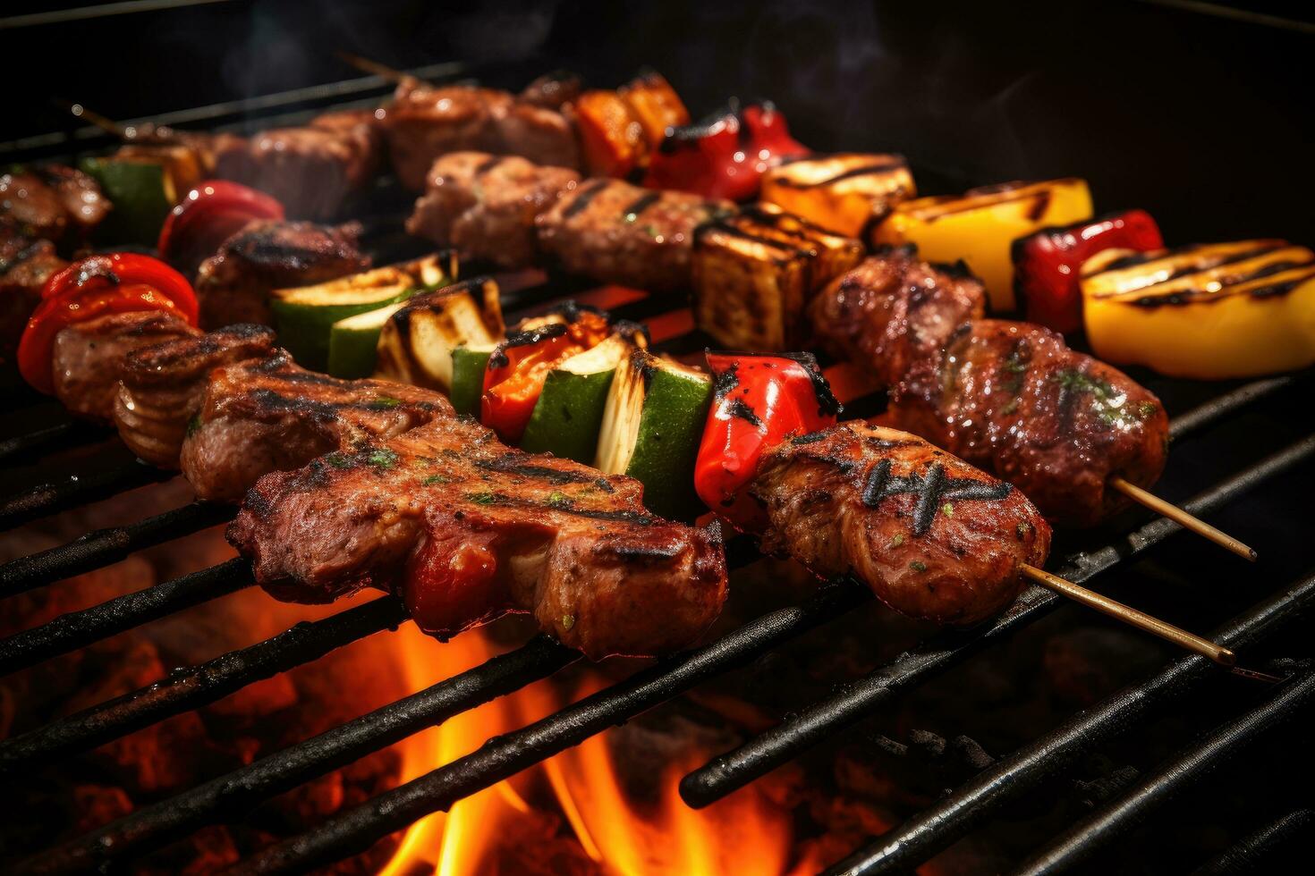 Barbecue with grilled meat and vegetables on grill, close-up, Closeup of barbecues cooking grilling on charcoal, top section cropped, AI Generated photo