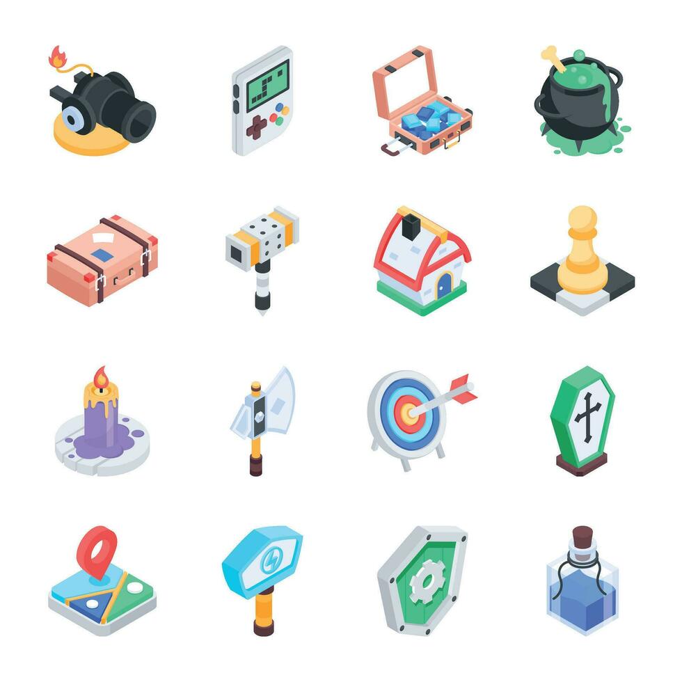 Pack of Game Elements Isometric Icons vector