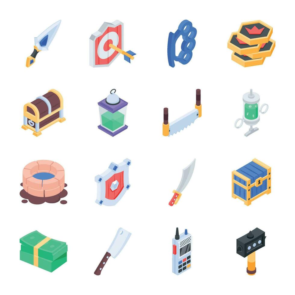 Bundle of Game Aspects Isometric Icons vector