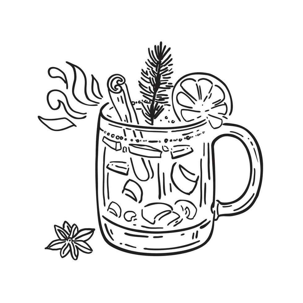 reflexionado vino en un vaso jarra con naranja y canela palo. invierno calentamiento beber. vector ilustración en grabado estilo.