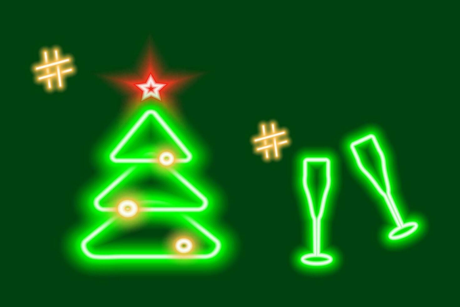 2 Neon glowing Christmas tree and wine glasses with hashtags. Concept for icons, search, greetings vector