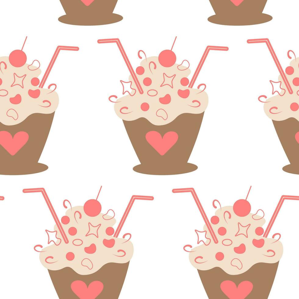 Seamless pattern of abstract image of dessert in cup with cherry, straw and confectionery decoration vector