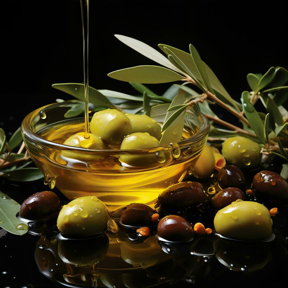 Fresco aceitunas y aceituna petróleo para sano cocinando, ai generado foto