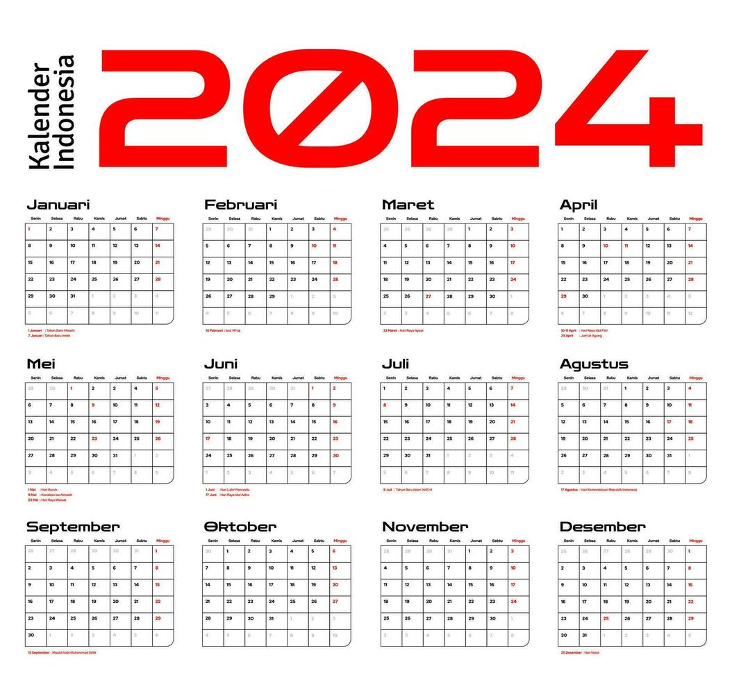 indonesio calendario 2024 modelo vector, sencillo mínimo diseño, planificador 2024 año, kalender Indonesia 2024 año, semana empieza domingo, conjunto de 12 mes vector