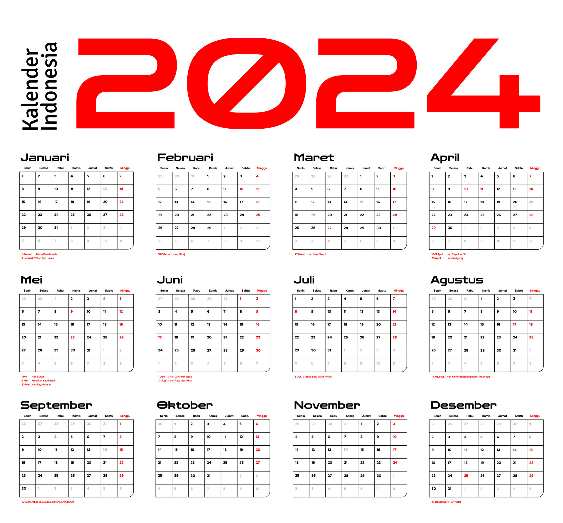 Indonesian Calendar 2024 template vector, simple minimal design