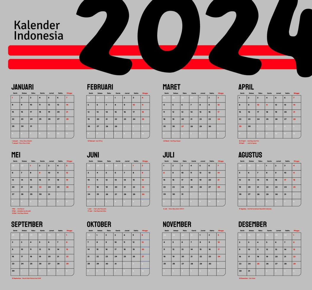 indonesio calendario 2024 modelo vector, sencillo mínimo diseño, planificador 2024 año, kalender Indonesia 2024 año, semana empieza domingo, conjunto de 12 mes vector