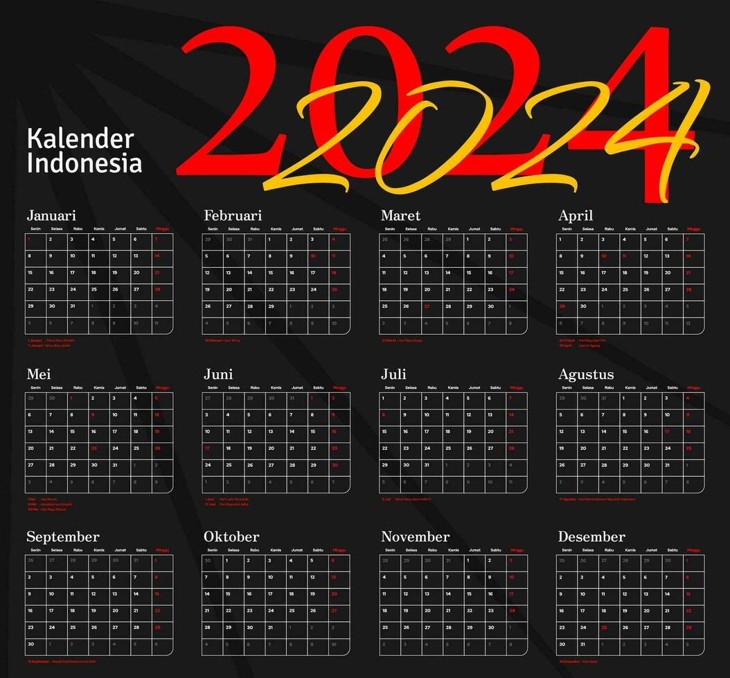 2024 Calendar for indonesian - illustration. Template. Mock up Week starts Sunday, kalender indonesia tahun 2024 vector