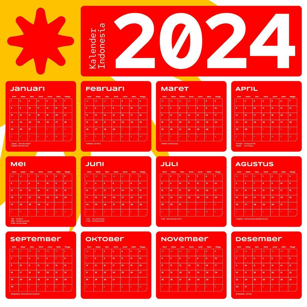 Indonesian Calendar 2024 template vector, simple minimal design, Planner 2024 year, kalender indonesia 2024 year, Week Starts sunday, Set of 12 month vector