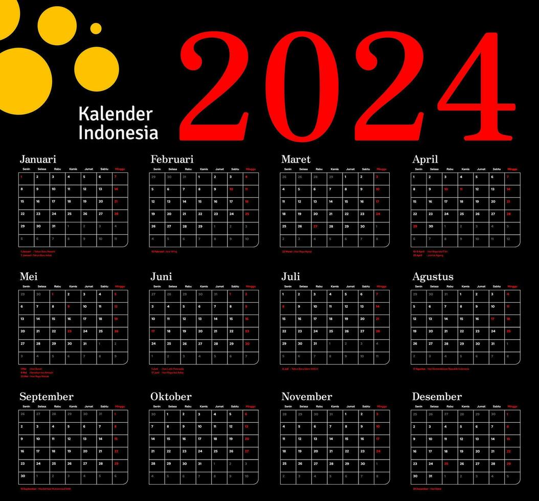 2024 Calendar for indonesian - illustration. Template. Mock up Week starts Sunday, kalender indonesia tahun 2024 vector