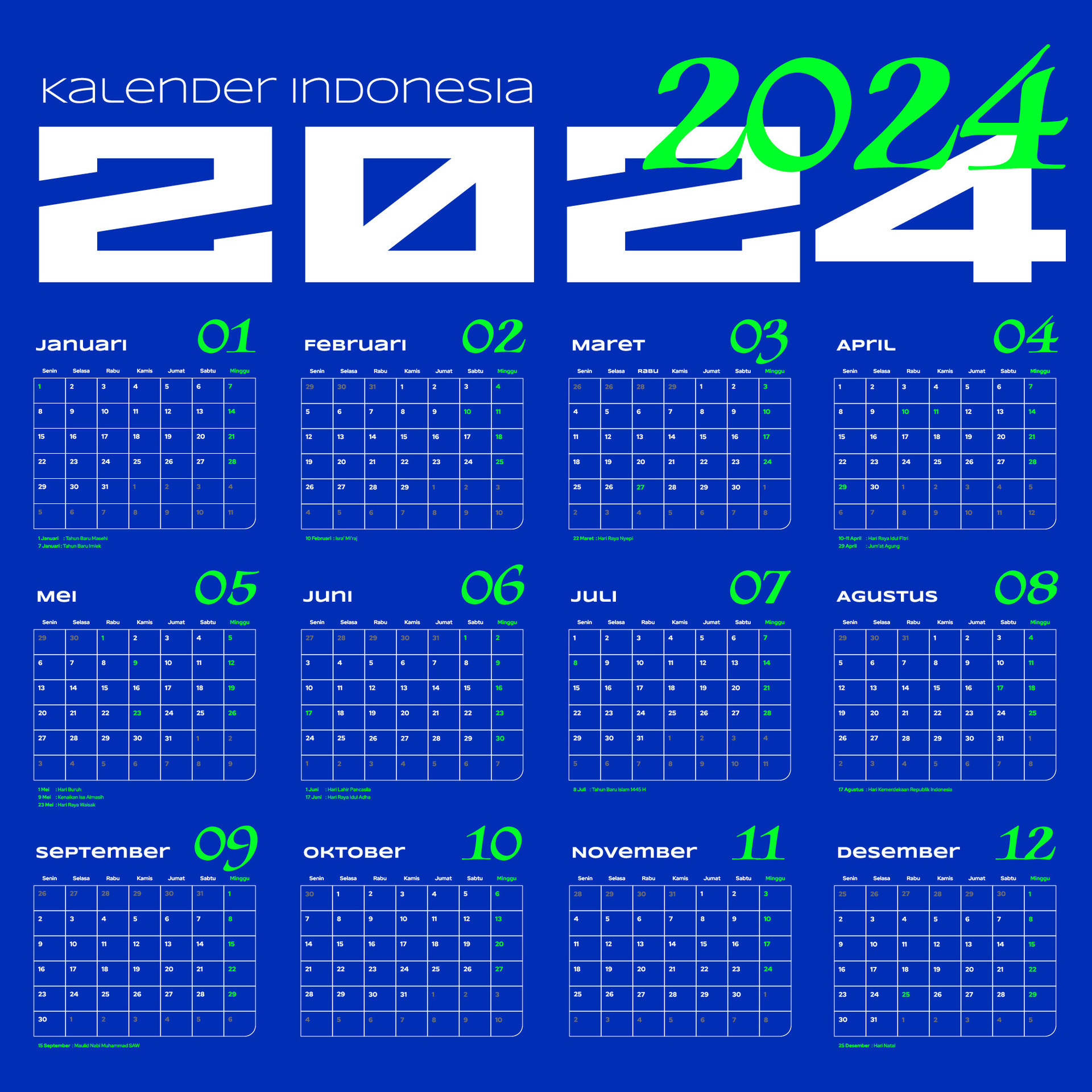 Kalender Indonesia 2024, Indonesian Calendar 2024, y2k design, for company or corporate design