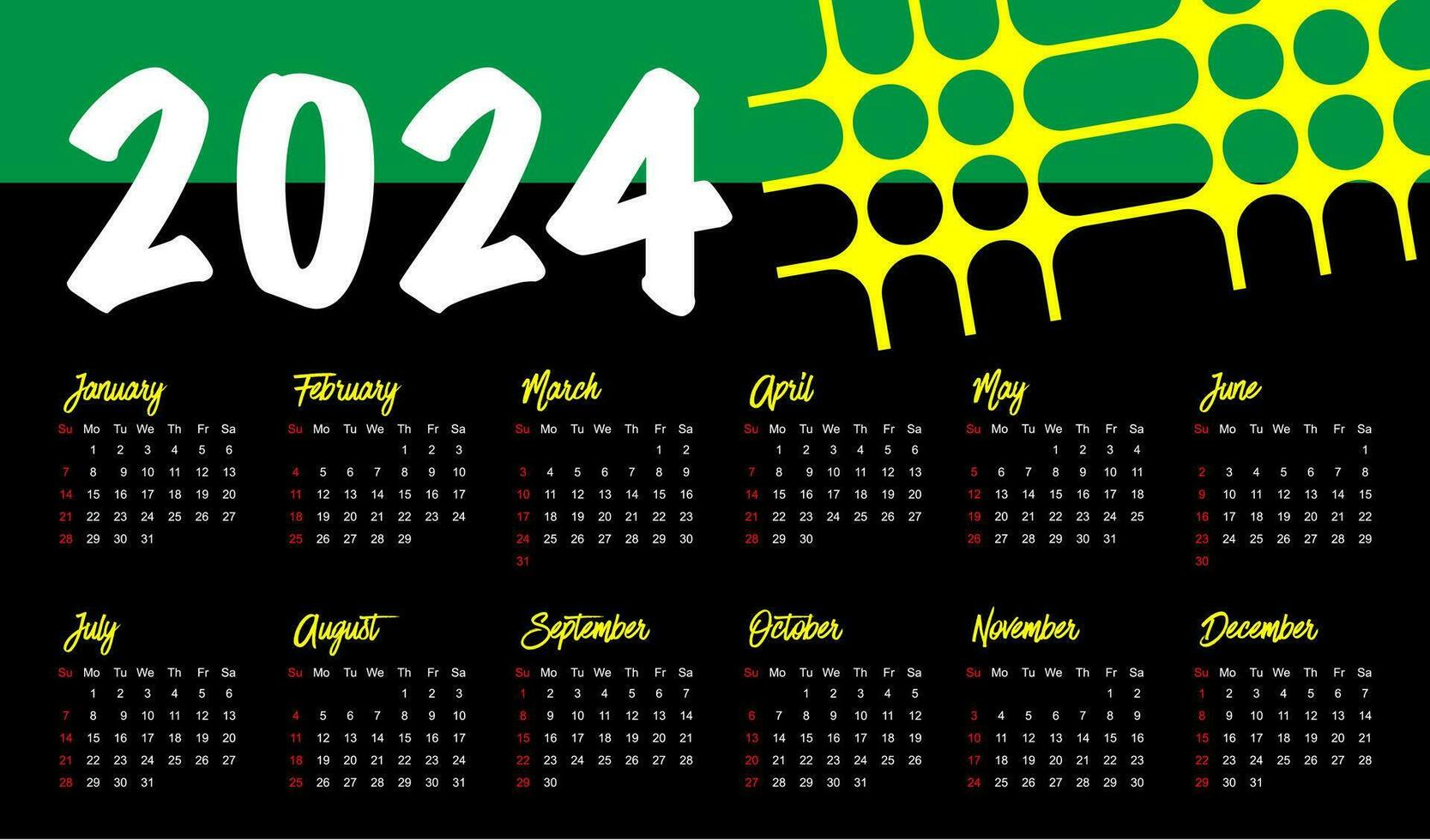 calendario 2024 semana comienzo domingo divertido y moderno diseño planificador modelo. bombo estilo vector