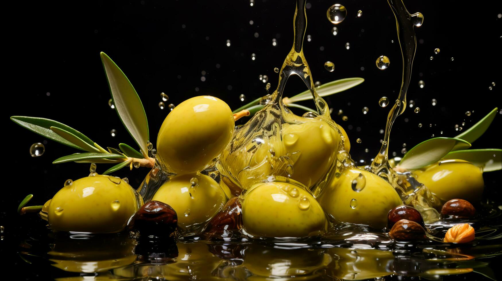 Fresco aceitunas y aceituna petróleo para sano cocinando, ai generado foto