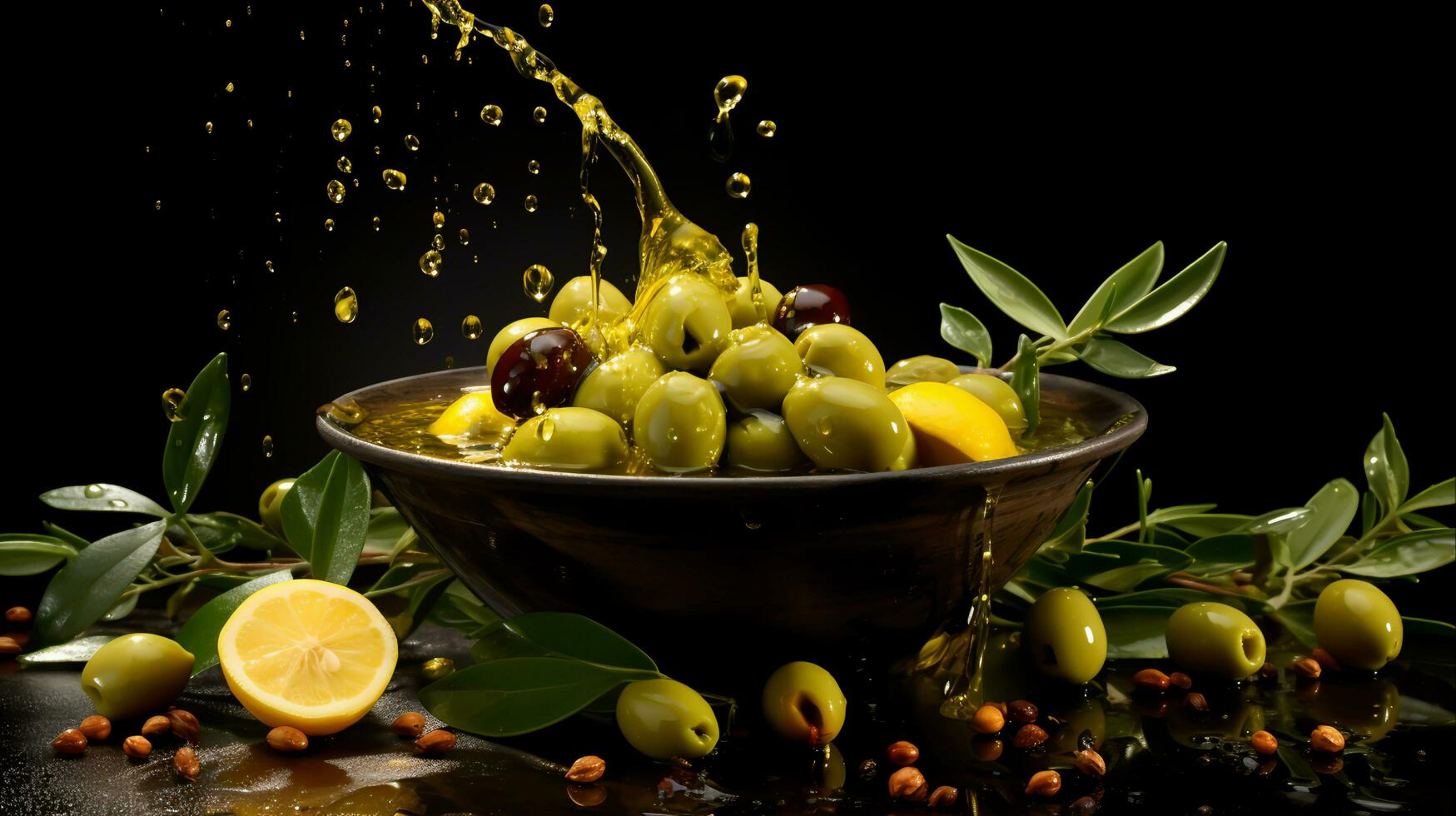 Fresco aceitunas y aceituna petróleo para sano cocinando, ai generado foto