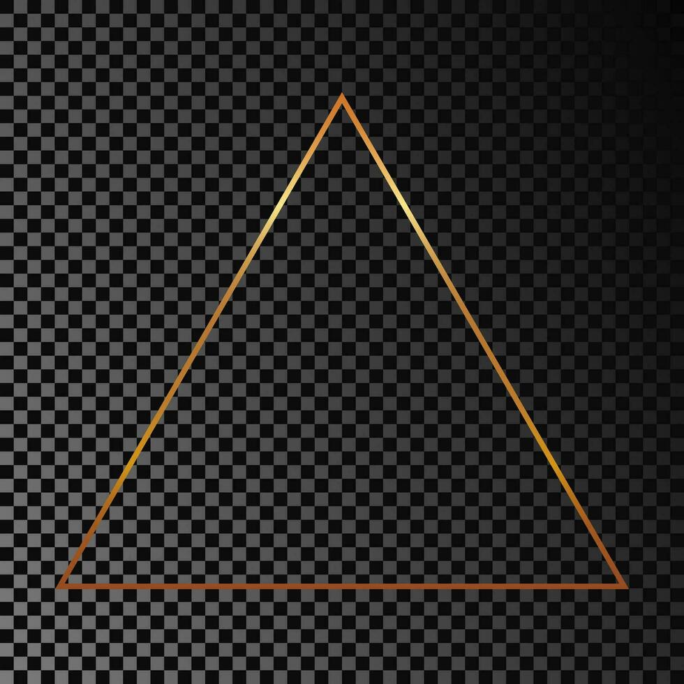 Gold glowing triangle frame isolated on dark background. Shiny frame with glowing effects. Vector illustration.