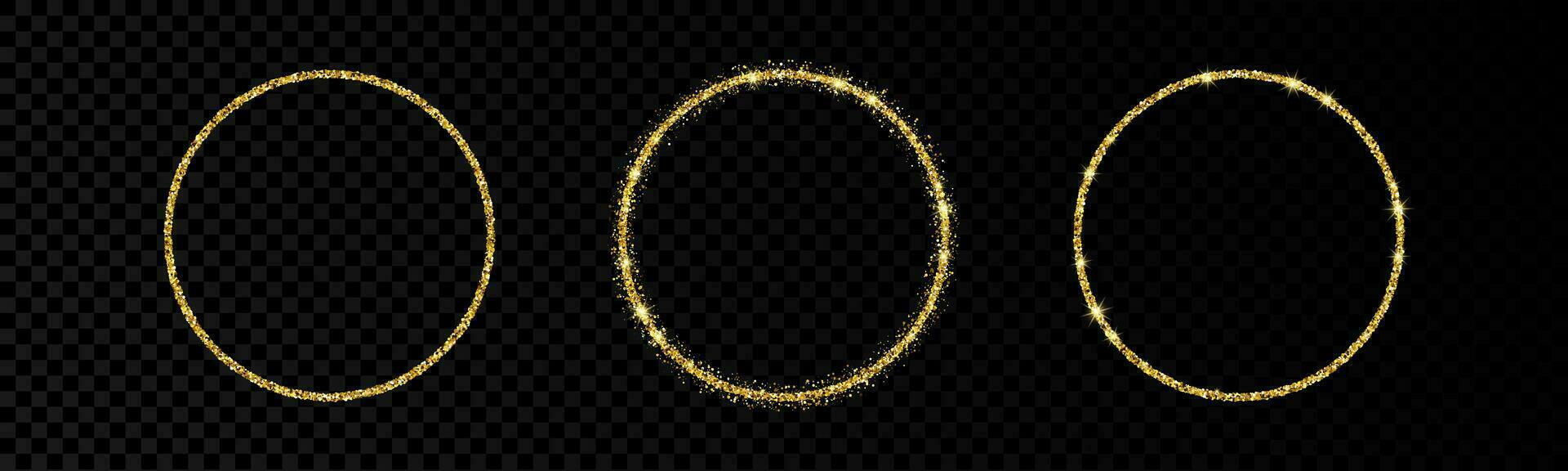 Shiny frames with glowing effects. Set of three glitter gold circular frames on background. Vector illustration