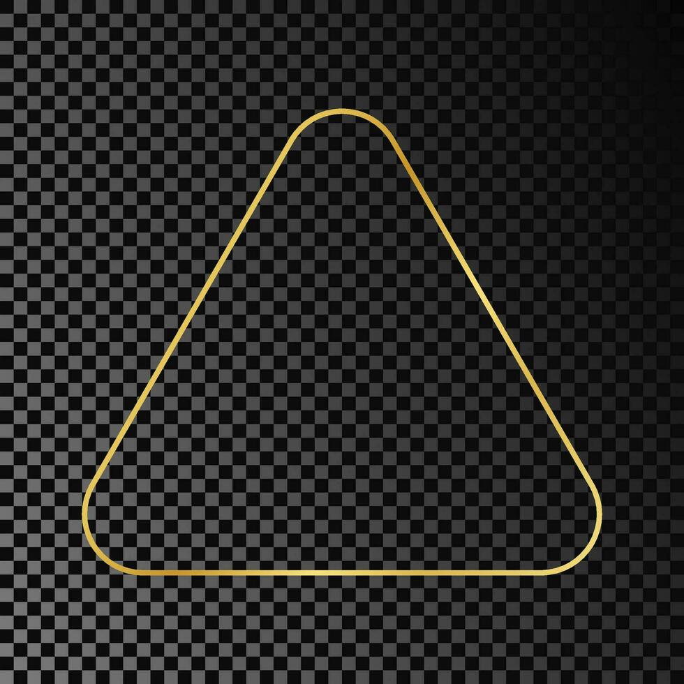 Gold glowing rounded triangle frame isolated on dark background. Shiny frame with glowing effects. Vector illustration.