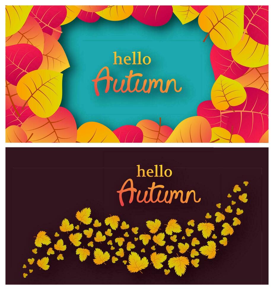 Set of two backgrounds with autumn leaves and place for your text.  Banner design for fall season banner or poster. Vector illustration