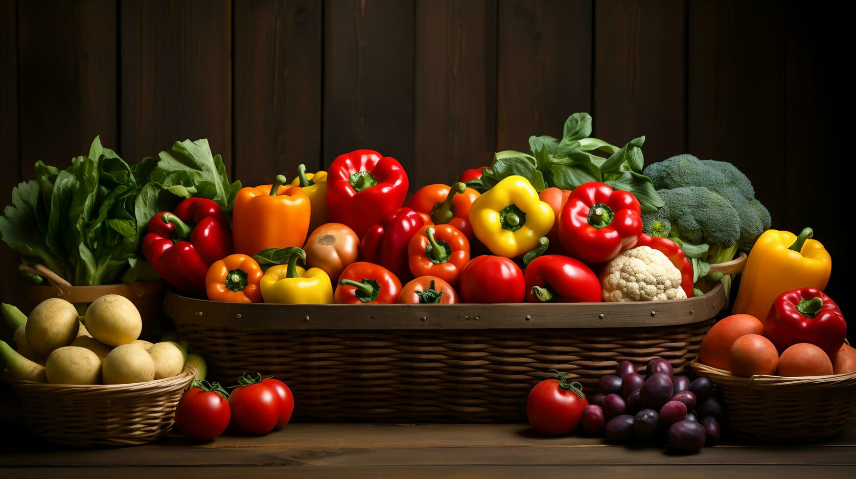 A wooden box filled with freshly harvested fruits and vegetables, Ai Generated photo