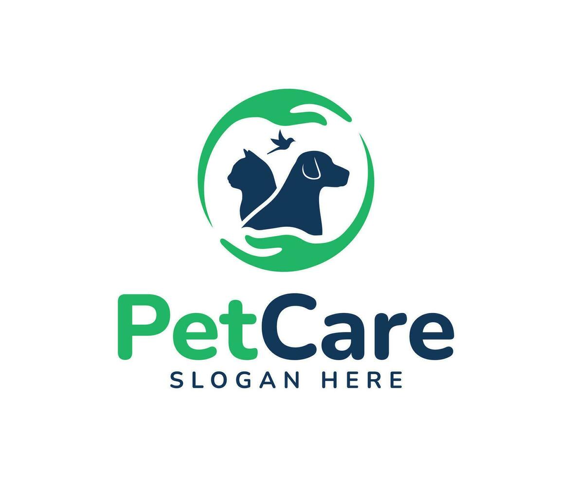 Pet care logo design. Animal logo with Dog, Cat, Bird, and Hand Symbols vector