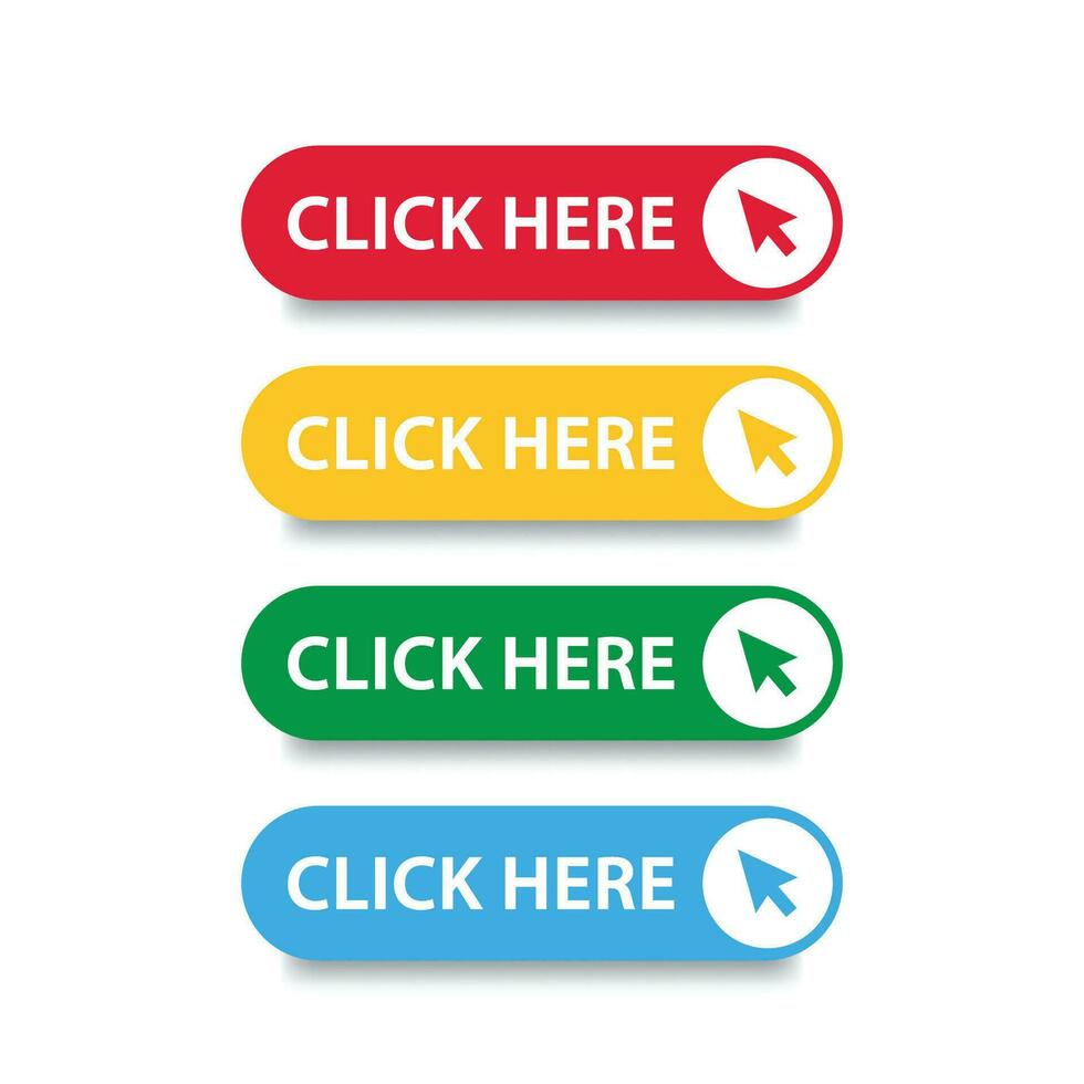 Click here button with arrow pointer clicking icon. Click here vector web button. Web button with action of arrow pointer.