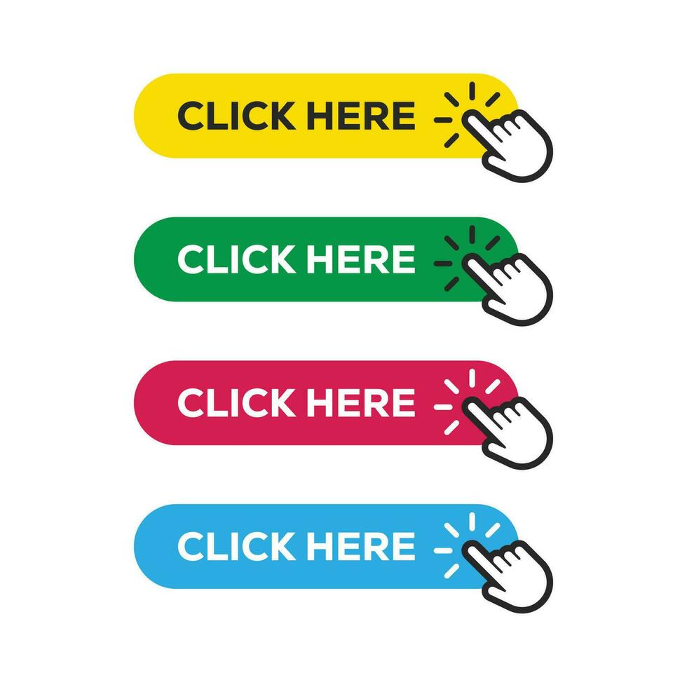 Click here button with arrow pointer clicking icon. Click here vector web button. Web button with action of arrow pointer.