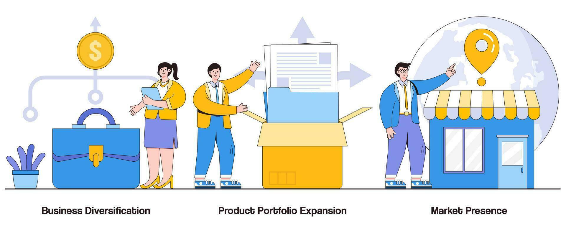 Business diversification, product portfolio expansion, market presence concept with character. Diversified business abstract vector illustration set. Market exploration, growth opportunities metaphor