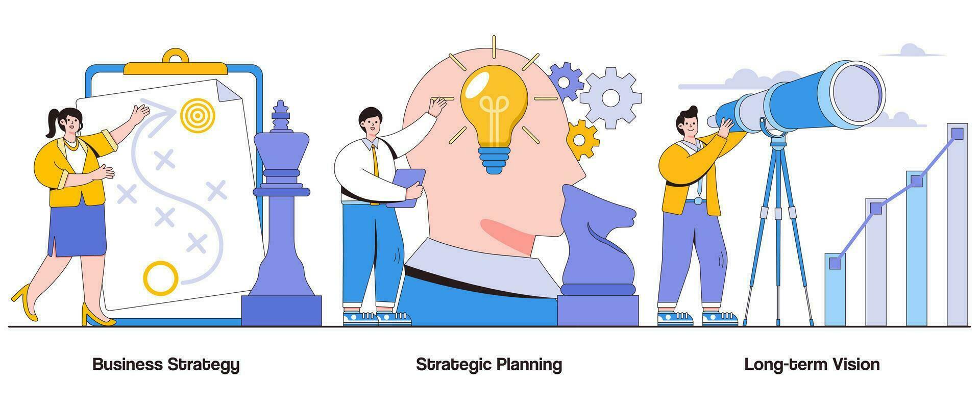 Business strategy, strategic planning, long-term vision concept with character. Strategic thinking abstract vector illustration set. Goal setting, action planning, strategic implementation metaphor