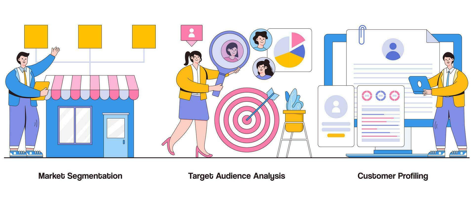 mercado segmentación, objetivo audiencia análisis, cliente perfilado concepto con personaje. audiencia segmentación resumen vector ilustración colocar. mercado apuntando, personalizado márketing metáfora