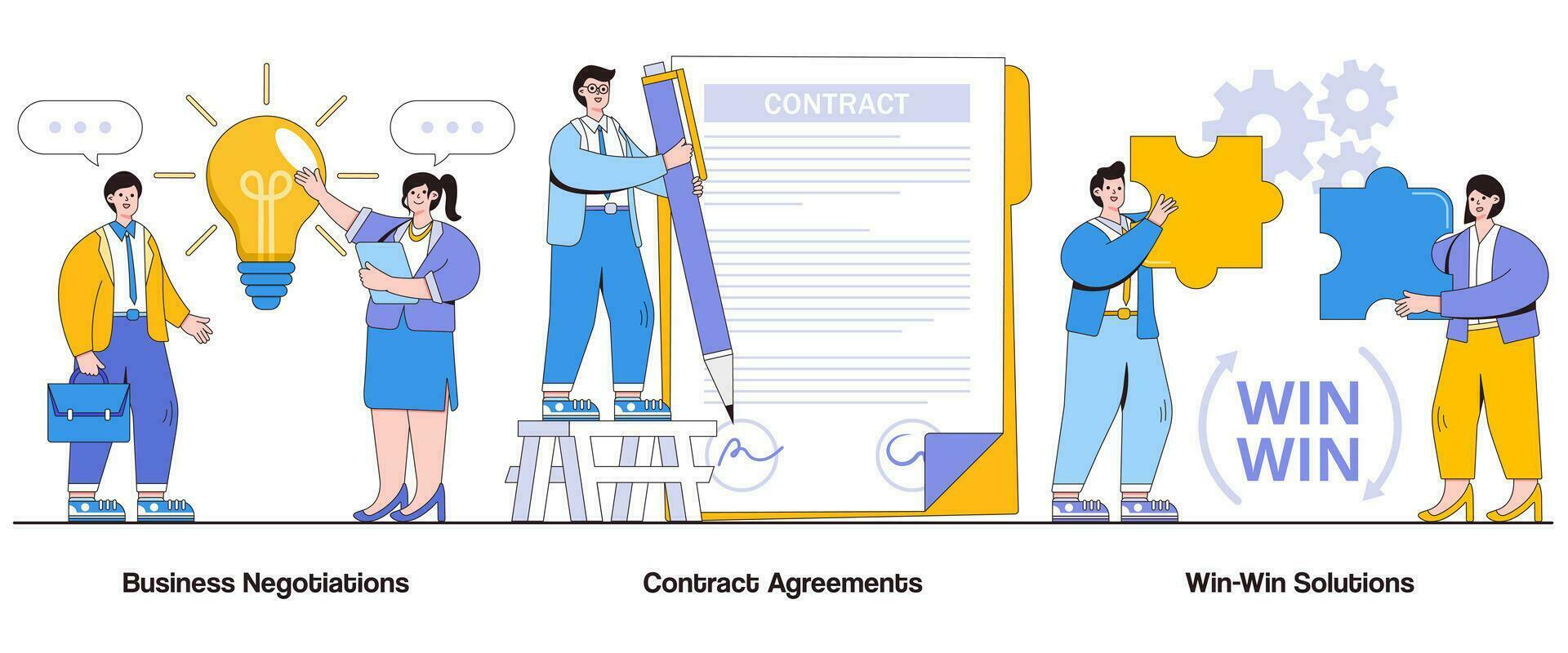 Business negotiations, contract agreements, win-win solutions concept with character. Negotiation skills abstract vector illustration set. Deal-making, conflict resolution, collaborative agreements