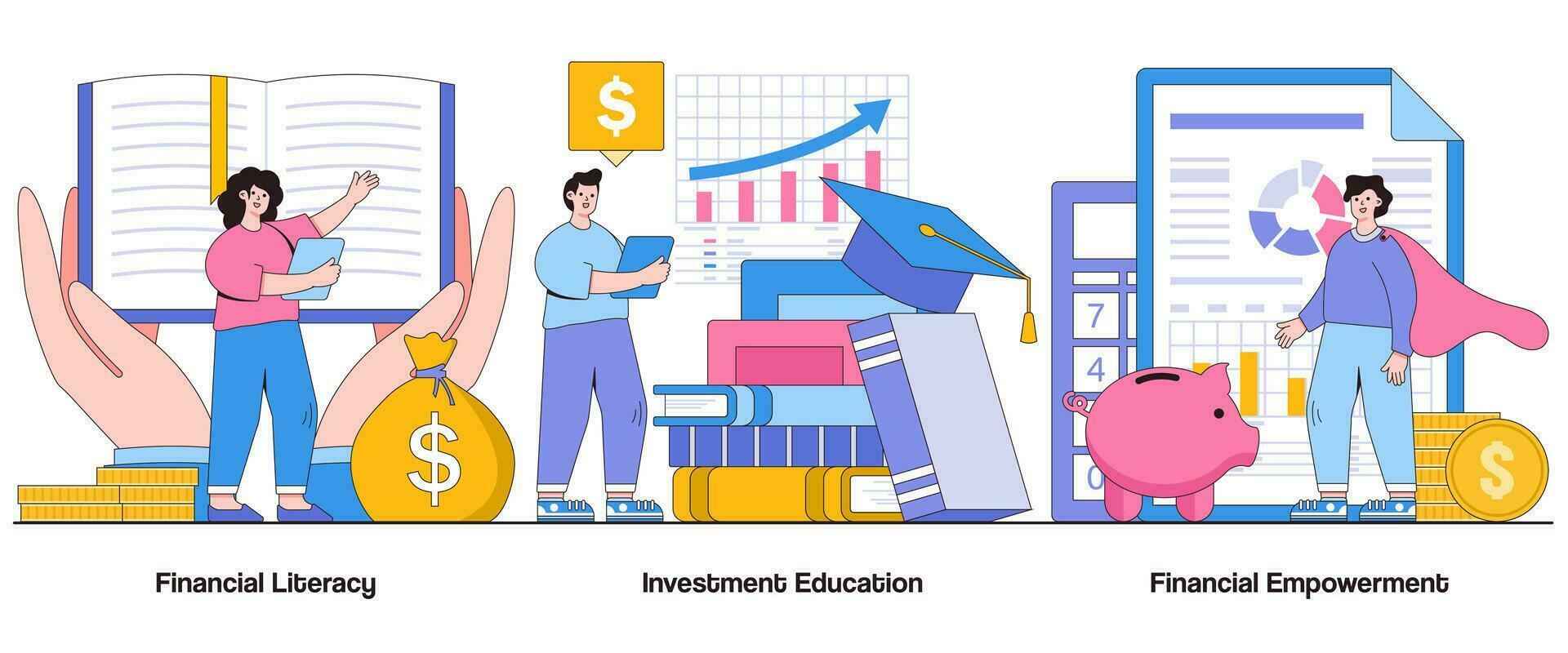 financiero literatura, inversión educación, financiero empoderamiento concepto con personaje. financiero educación resumen vector ilustración colocar. presupuesto habilidades, inversión conocimiento metáfora