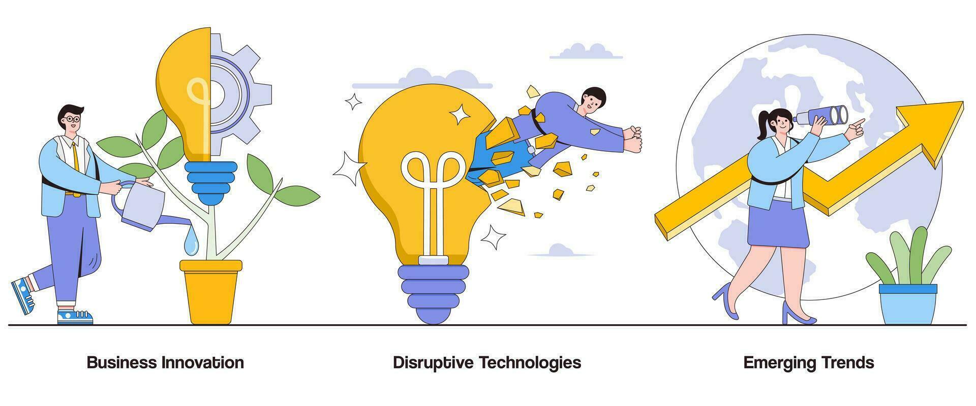Business innovation, disruptive technologies, emerging trends concept with character. Innovation ecosystem abstract vector illustration set. Technology adoption, market disruption, forward-thinking