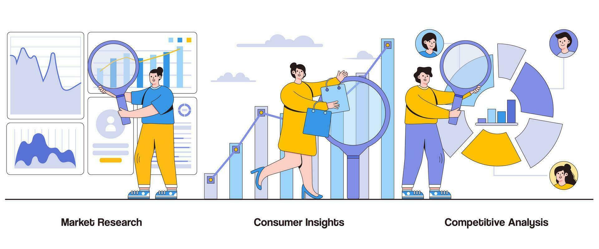 Market research, consumer insights, competitive analysis concept with character. Market intelligence abstract vector illustration set. Customer preferences, market opportunities metaphor