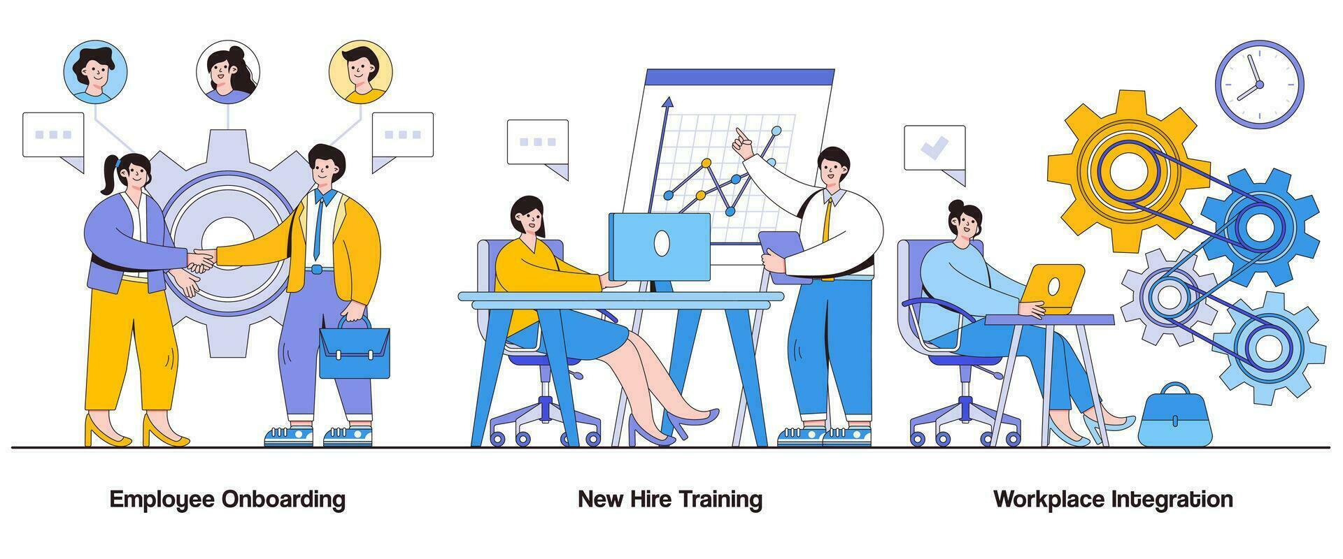 Employee onboarding, new hire training, workplace integration concept with character. Employee integration abstract vector illustration set. Smooth transition, team assimilation, employee retention