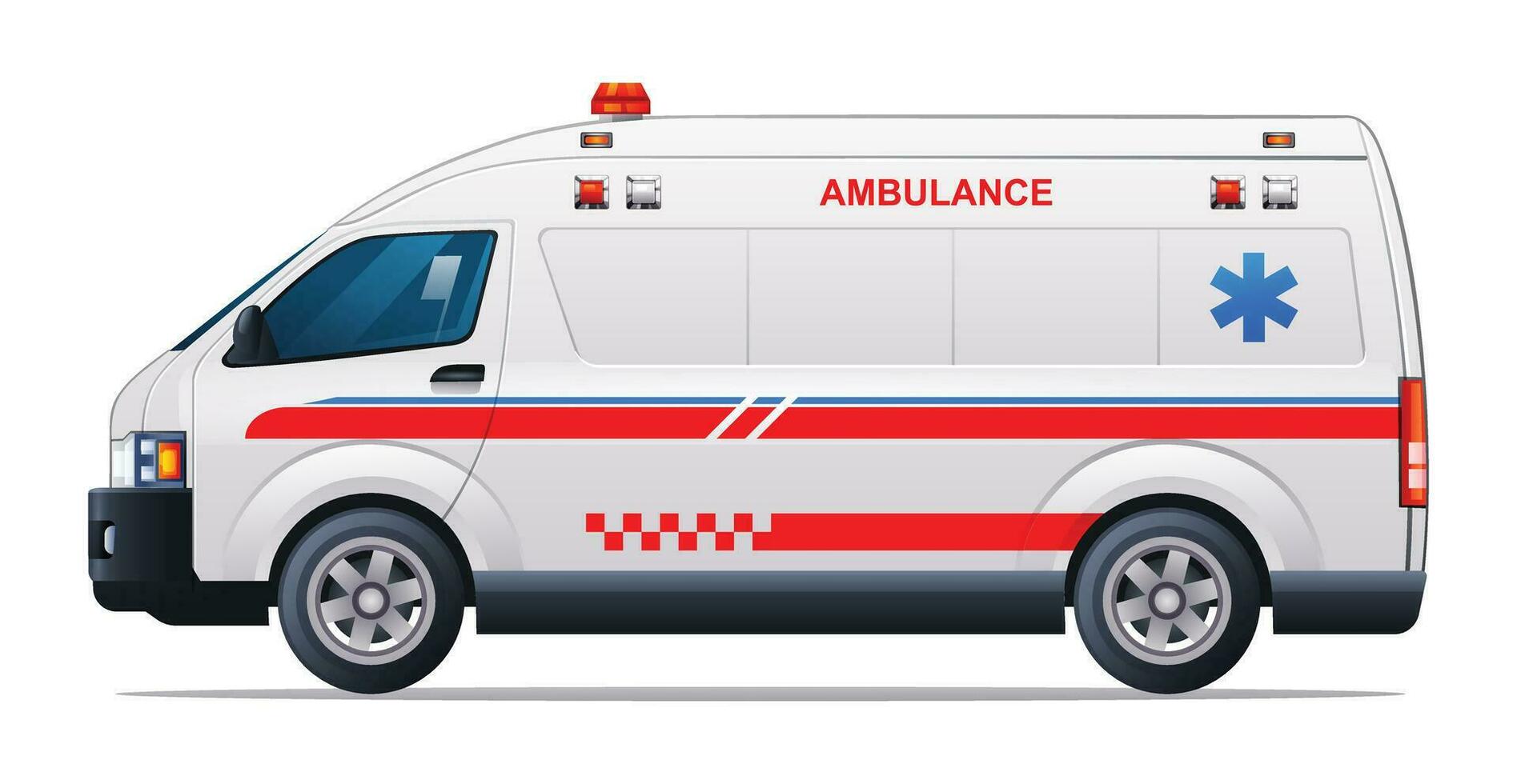 Ambulance car vector illustration. Emergency medical vehicle side view isolated on white background