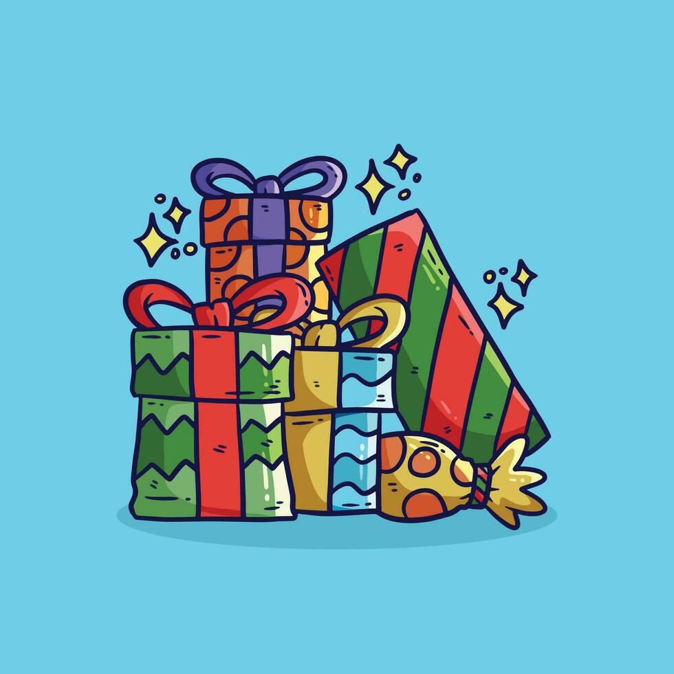 Cartoon vector illustration of Christmas Gift. Big pile of gift boxes in festive wrapping paper with ribbon and bows. Stack of different presents for Christmas holiday.
