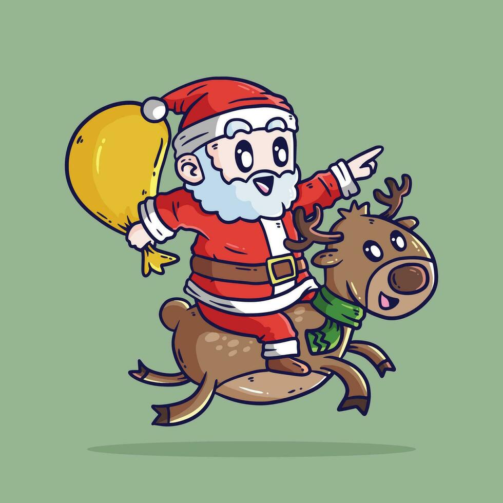 Cute Santa Claus Cartoon character riding reindeer, carrying Christmas bag. Cartoon vector illustration isolated on green background. Santa Claus Cartoon illustration