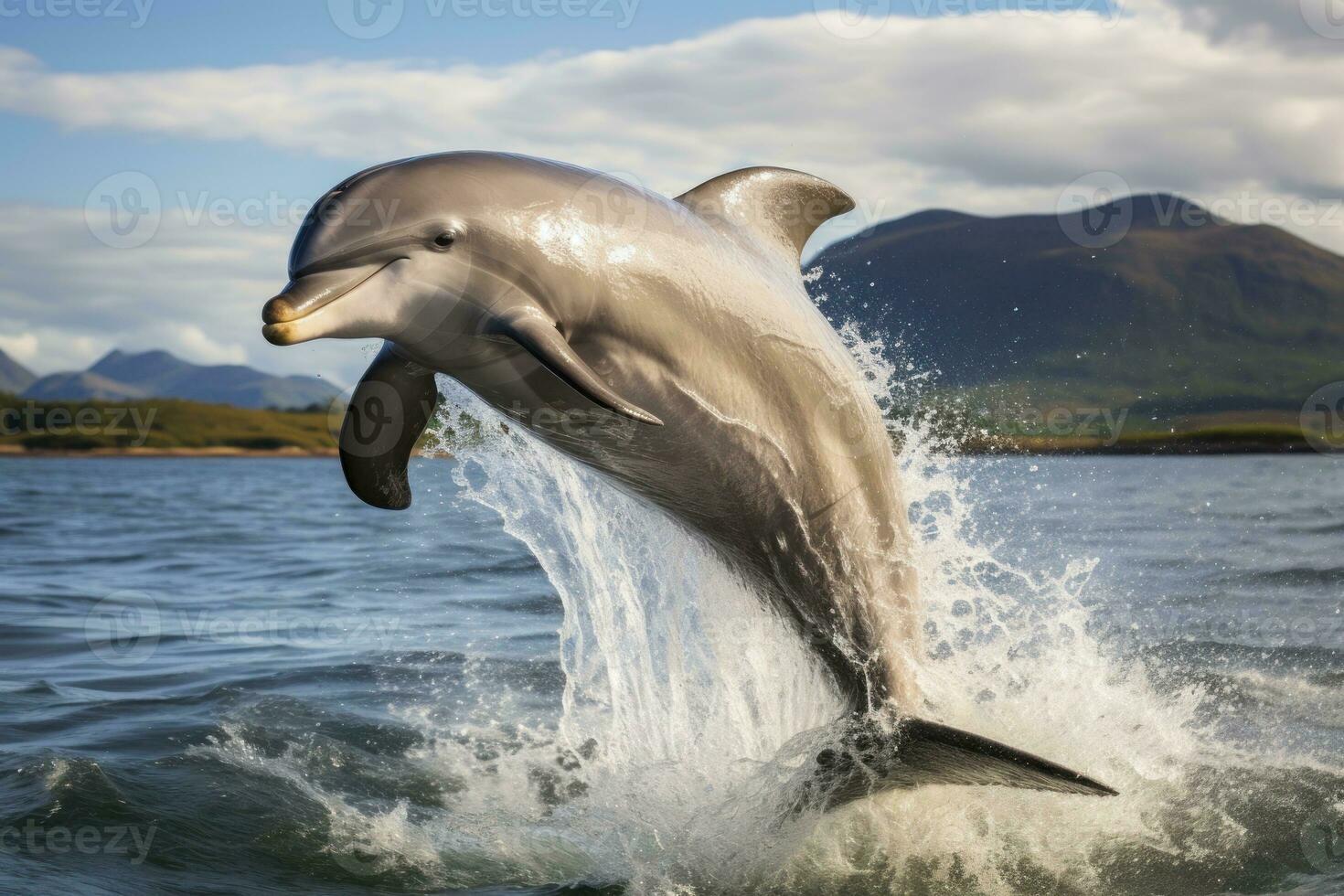 Dolphin playing and jumping out of the water , professional photography. Generative AI photo