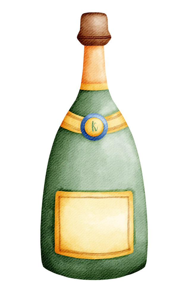 geïsoleerd schattig groen wijn fles met gouden etiket in waterverf stijl png