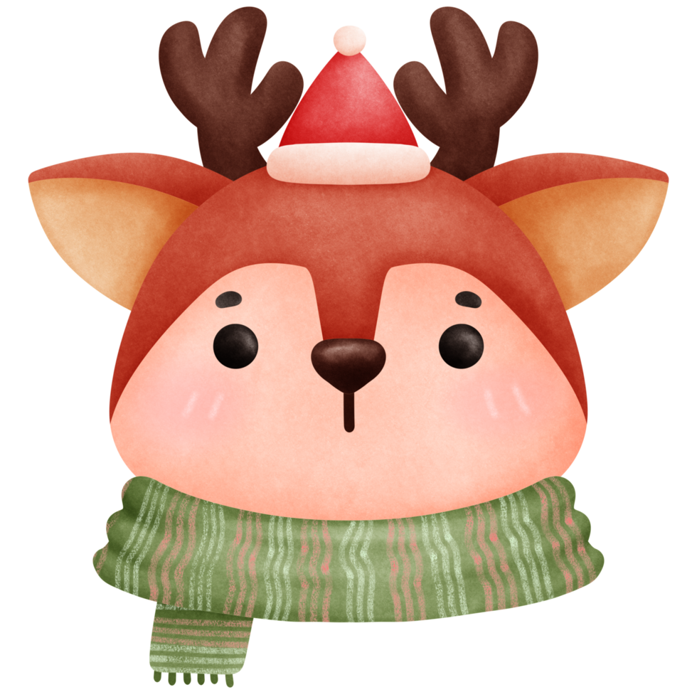 Isolated cute deer wear christmas hat and green scarf in winter png