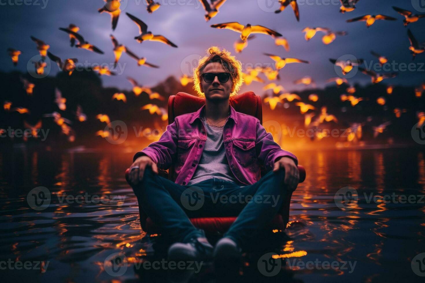 Abstract a man sitting on a chair in front of a body of water with a bird on its back. Generative AI photo