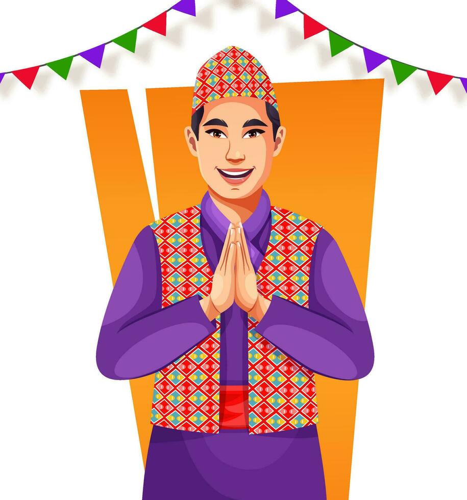 Nepal boy wearing ethnic clothing. Cartoon characters in traditional costume. Costume and Tourist Attraction vector flat illustration